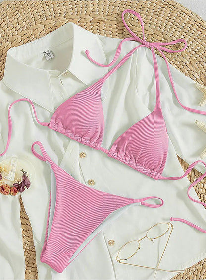 Special Pit Stripe Fabric Bikini Set Women Sexy Simple Solid Halter Bikini Swimsuit High Waisted Lace Up Beach Bathing Suit