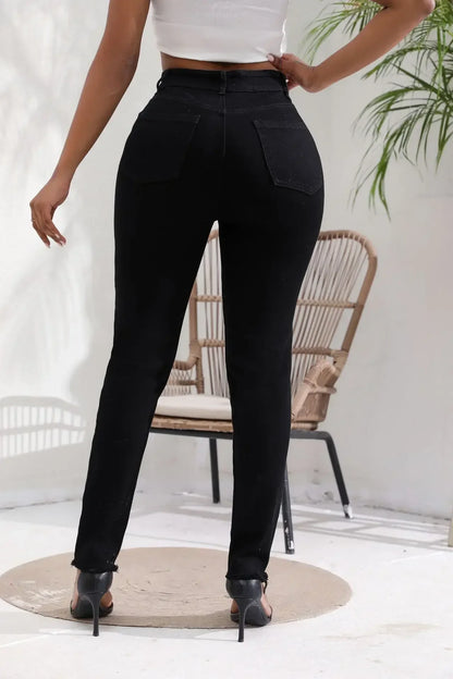 Women Jeans Denim pant High Waist Pencil Pants Holes Slim Fit Pockets Sexy Streetwear Solid Sheath Distressed Ankle Length 2025