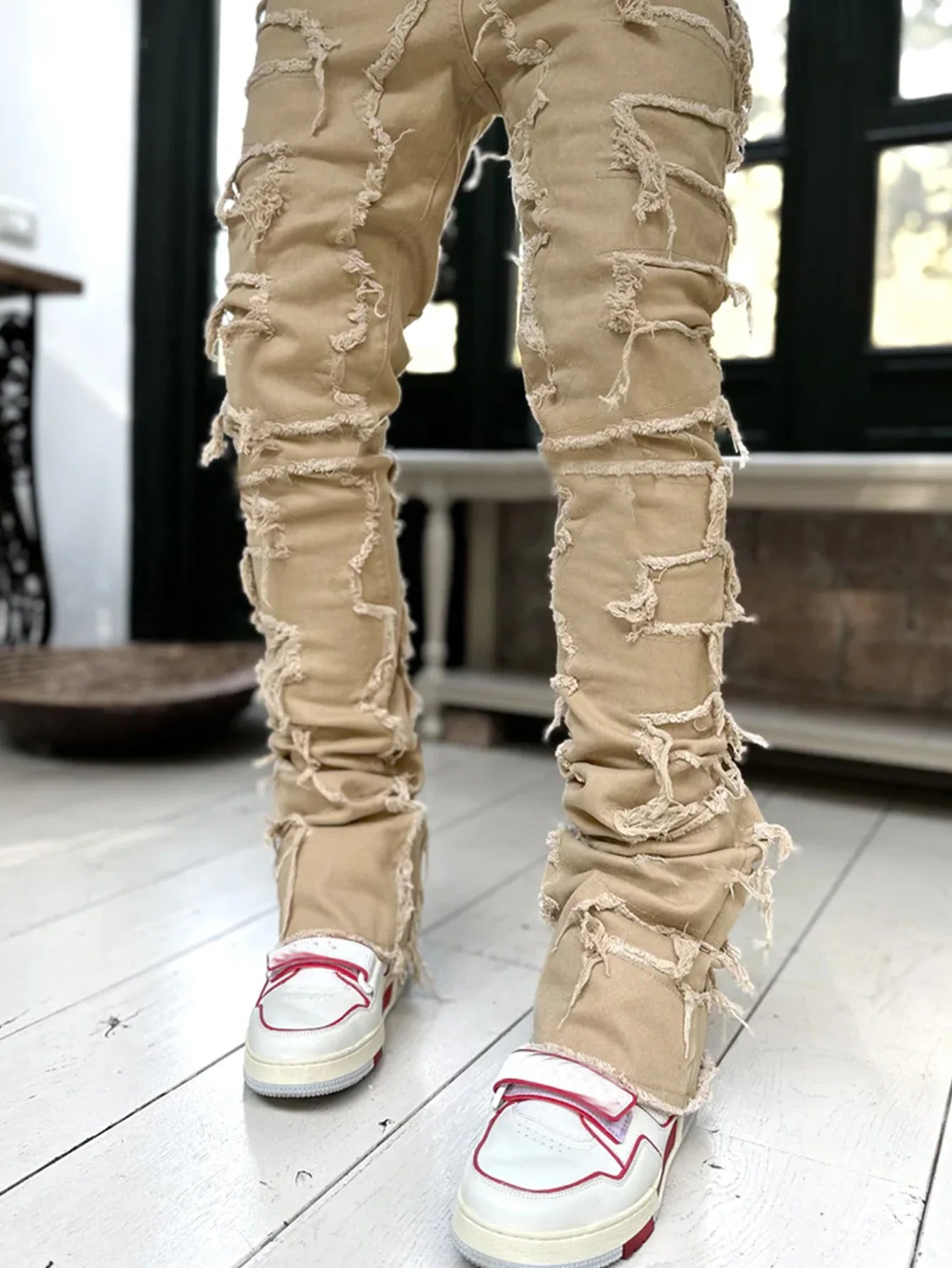 Spliced Distressed Denim Pants Men Jeans Ripped Mid Waist Pockets High Street Jean Skinny Washed Ankle Length Pencil Pants