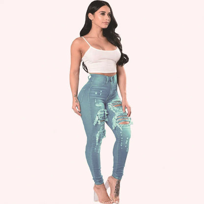 Washed Ripped High-waisted Slim-fit Small-leg Jeans, Four Seasons New Fashionable Casual Skinny Jeans for Women, Pencil Pants