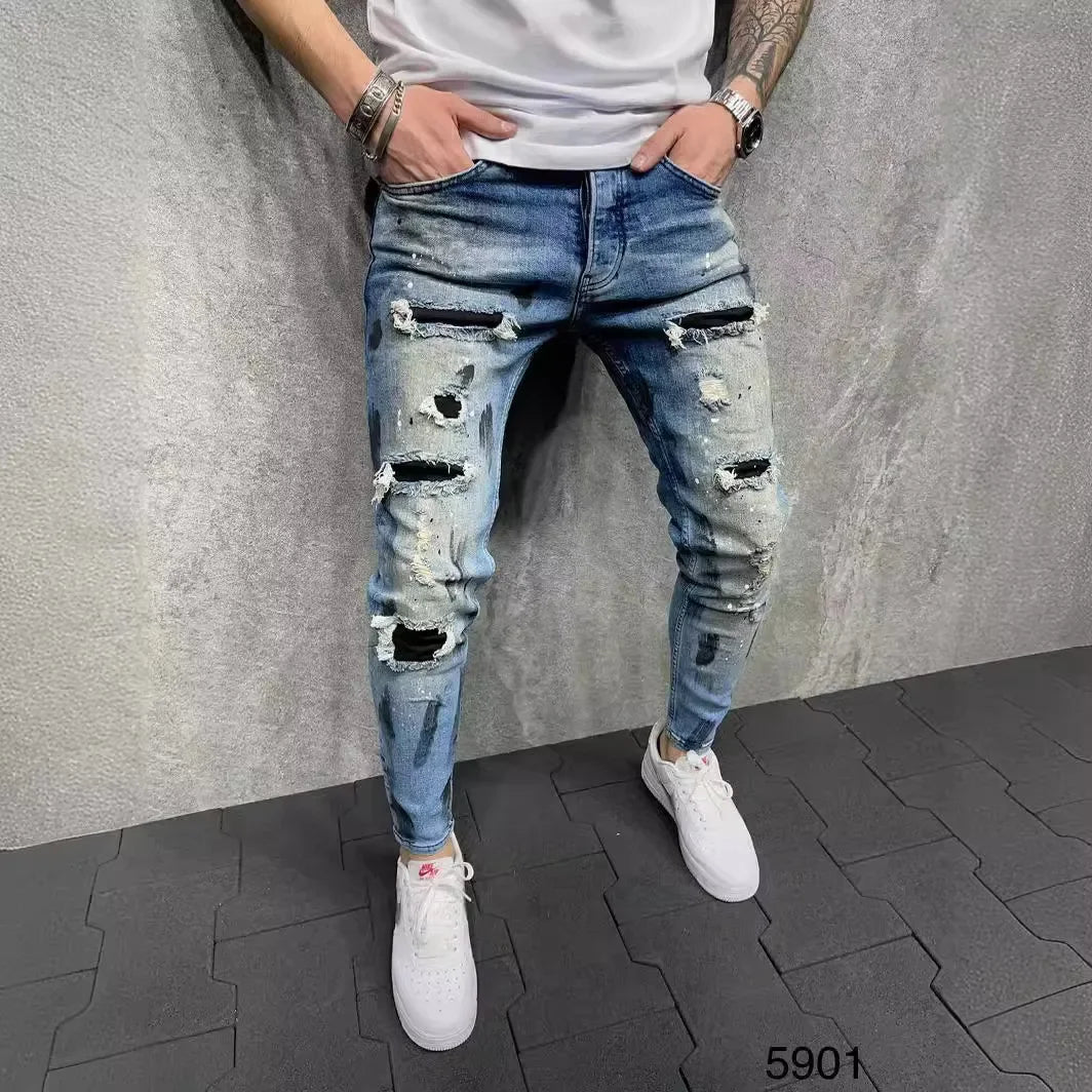 Men's Slim Fit Ripped Ankle Pants Painted Jeans