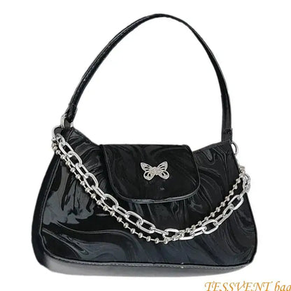 Fashionable Handbag Retro PU Leather Shoulder Bag with Butterfly Designs for Women Korean Solid Color Underarm Purse F42A