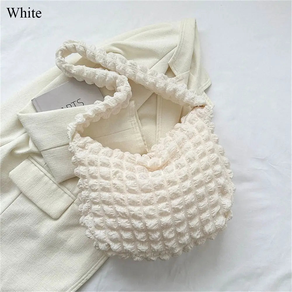 Women Plaid Quilted Large Capacity Tote Bag Crossbody Bag Solid Color Shoulder Bag Cute Pleated Bubbles Embroidered Satchel Bags