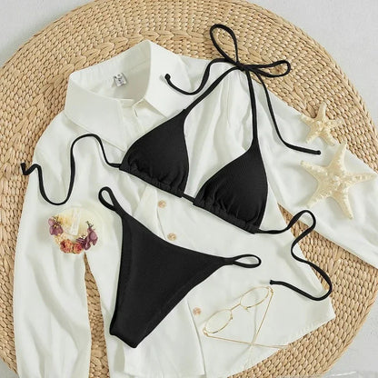 Special Pit Stripe Fabric Bikini Set Women Sexy Simple Solid Halter Bikini Swimsuit High Waisted Lace Up Beach Bathing Suit