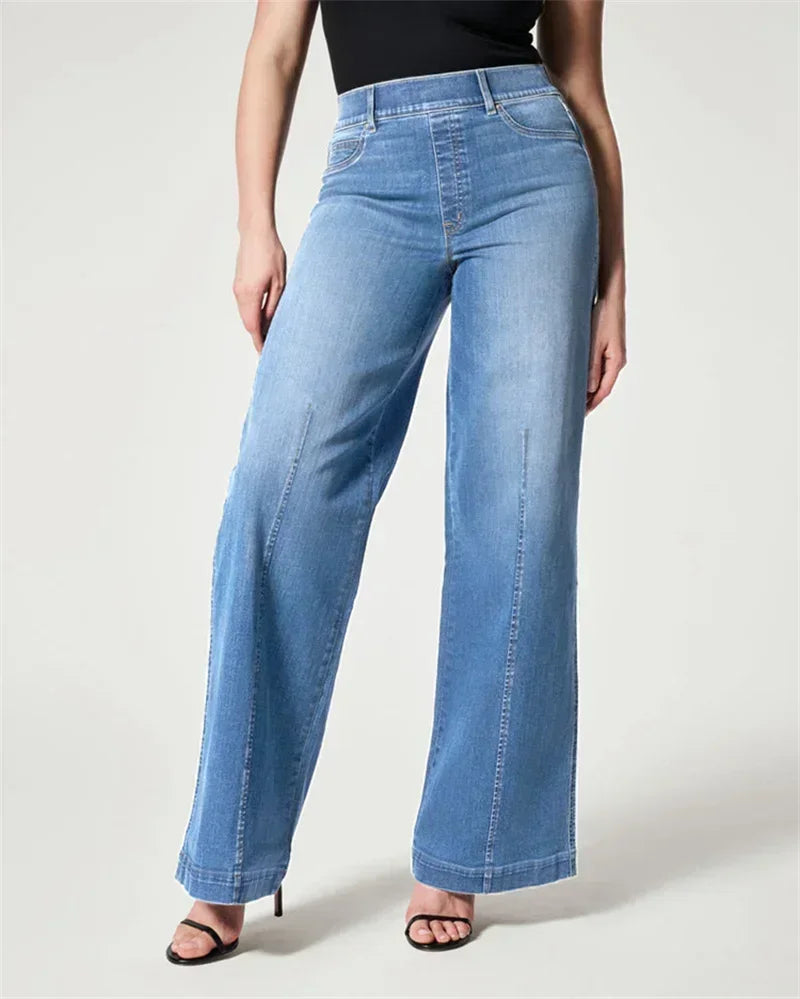 Stretch Elasticated Waist Wide Leg Jeans Women Fashion Chic Flared Trousers Loose Female Comfortable Commuter Casual Denim Pants