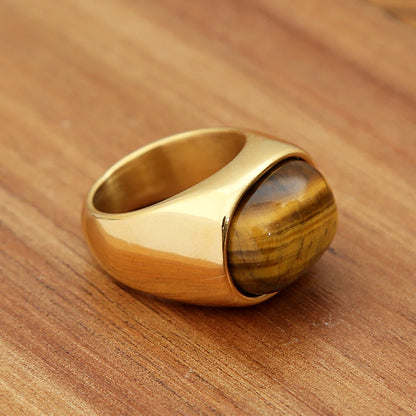 Classic Natural Tiger Eye Brown Stones Rings For Men Women Simple Stainless Steel Stone Ring Punk Fashion Jewelry Gift Wholesale