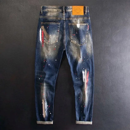 2024 Spring and Autumn New Fashion Trend Printed Straight Leg Stretch Jeans Men's Casual Loose Comfortable High Quality Pants