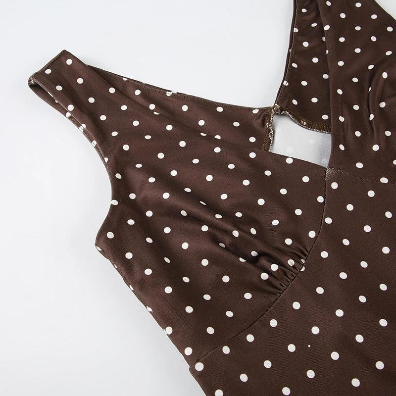 SUCHCUTE Brown V-neck Polka Dot Mini Dress For Women Elegant Backless Party Sundress Sexy High Street Sleeveless Vacation Outfit