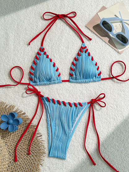 Halter Wrinkled Weave Bikini Women Swimwear Female Swimsuit Two Pieces Bikini Set Brazilian Bathing Suit Swim Beach Wear