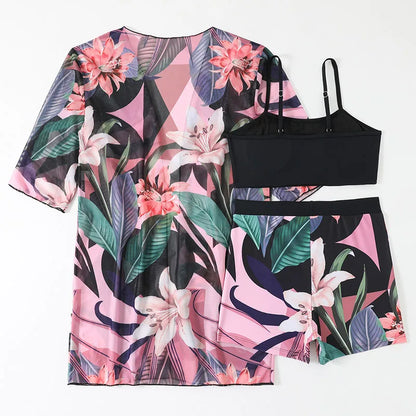 New Floral Print Three Pieces Bikini Set Cover Up Women Swimsuit Print Swimwear Bathing Suit Summer