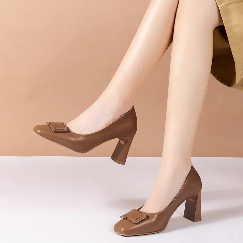 Spring new square head thick heels women's shallow mouth buckle single shoes professional shoes high heels