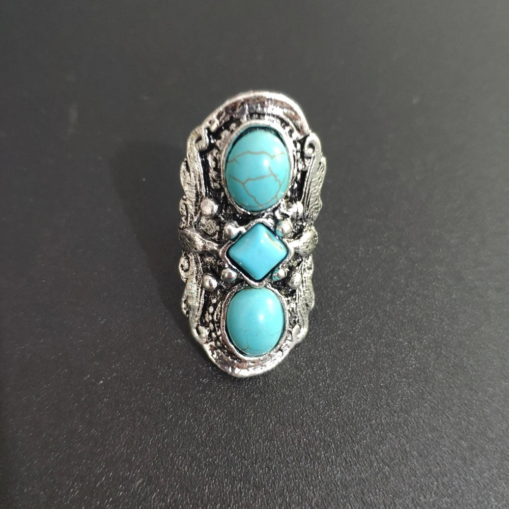 Vintage Silvery Turquoise Rings for Women Boho Tibet Ethnic Tribal Afghan Pakistan Indian Gypsy Men's Green Stone Retro Jewelry