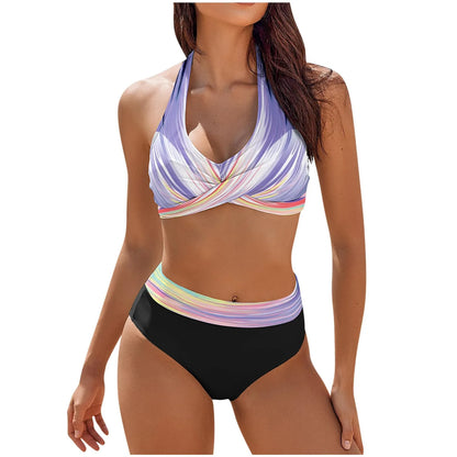 bikini Beach Colour Block Floral Printed Women's Swimsuit High Waist Two Piece For Teenagers biquinis feminino tendência 2024