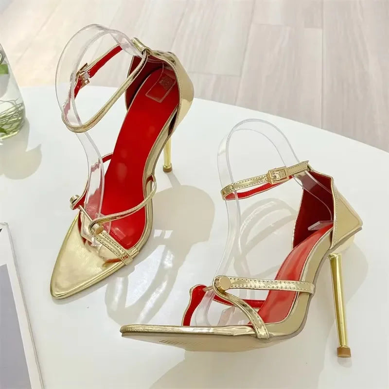 Eilyken Summer Rivet Design Buckle Strap Women Sandals Sexy Open Toe Stripper Thin Heels Hollow Out Shoes Zapatos Mujer