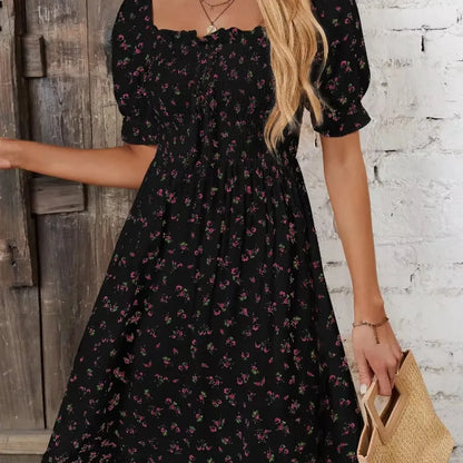 Women Print Square Neck Dress Fashion Ruffled Floral Smocked Dresses For Spring Summer Casual Dress