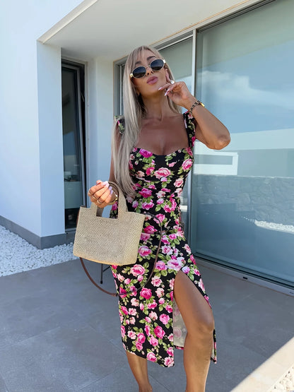 European and American summer new elegant design French flower suspender slit midi-length ladies dress
