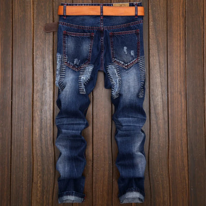 Men Jeans Long Pant Denim Pants Slim Fit Straight Trousers High Waist Solid Regular Button Pocket Splice Casual Autumn 2024