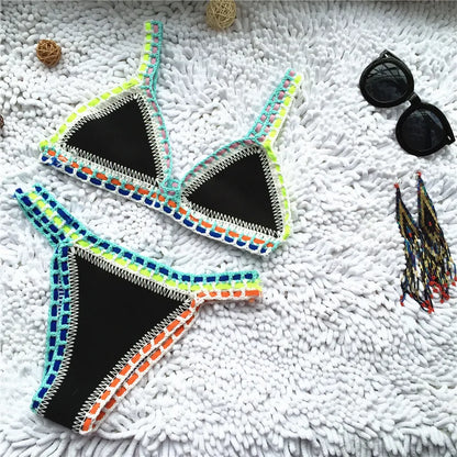 Women Handmade Crochet Knit Swimwear Halter Patchwork Bathing Suit Swimsuit Biquini Thong Bikini traje de bano