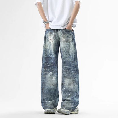 Mens Washed High Street Retro Pants Splashing Ink Color Piercing Printed Jeans High Street Trendy Brand Men Clothing Baggy Jeans