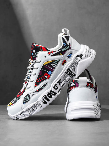 Men's Fashionable and Trendy Random Graffiti Contrasting Letter Stickers Dad Shoes, Comfortable Daily Versatile Casual Couple Sneakers
