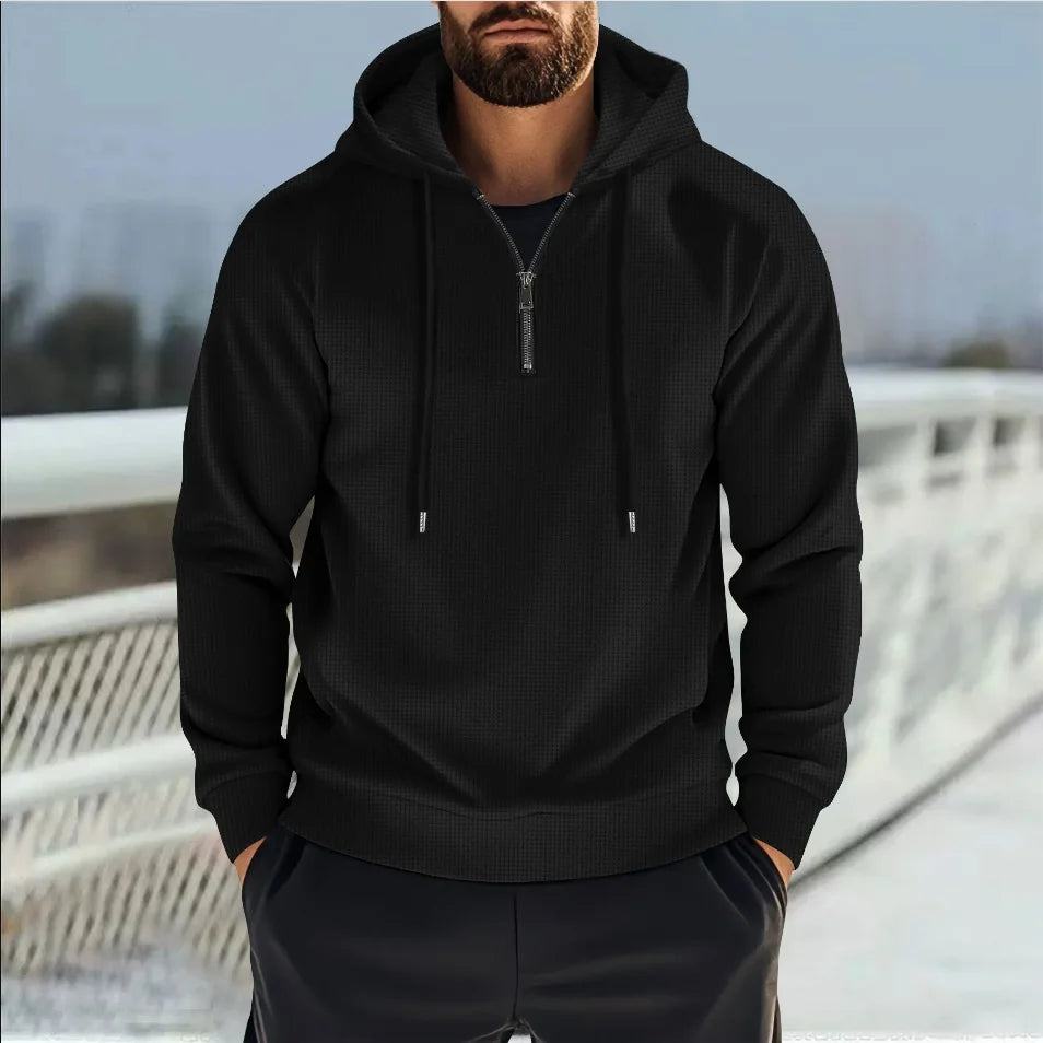 2025 New Style Men's Autumn Fashion Hooded Collar Half-Zip Outdoor Casual Solid Patterned Waffle-Style Sporty Men's Sweatshirt
