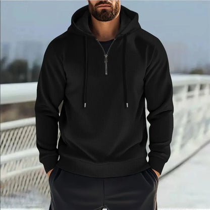 2025 New Style Men's Autumn Fashion Hooded Collar Half-Zip Outdoor Casual Solid Patterned Waffle-Style Sporty Men's Sweatshirt