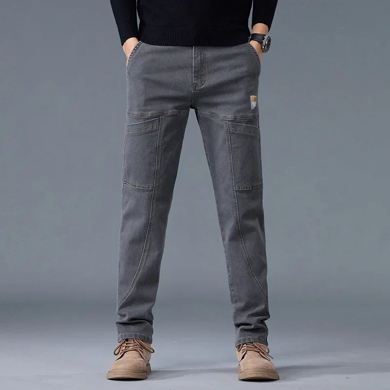 2025 New Style Jeans Men's Slim Fit Korean Style Comfortable Straight Leg Elastic Gray Mid Waist Pants Men's Casual Denim Pants