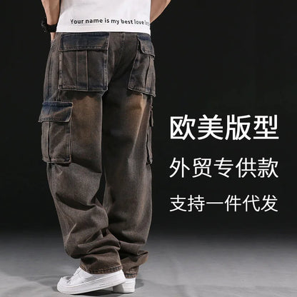 Wide Leg Pant Distressed Cargo Jean Men Jeans Washed Denim Patchwork Solid Full Length Pants Loose Pockets High Street 2025