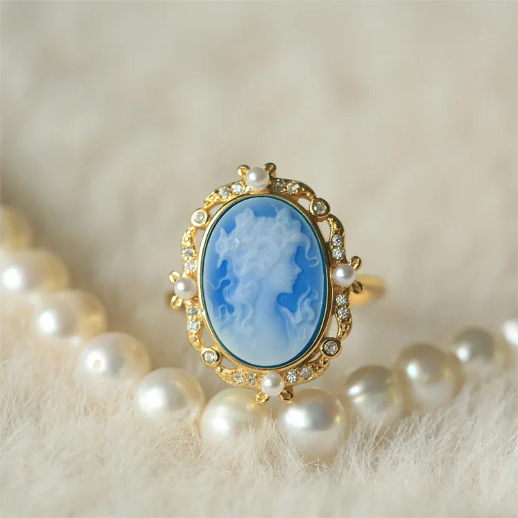 s925Silver Inlaid German Cameo Agate Relief Silver Ring Gift for Girlfriend Holiday Present