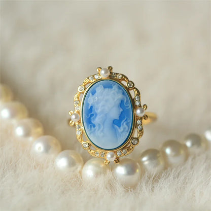 s925Silver Inlaid German Cameo Agate Relief Silver Ring Gift for Girlfriend Holiday Present