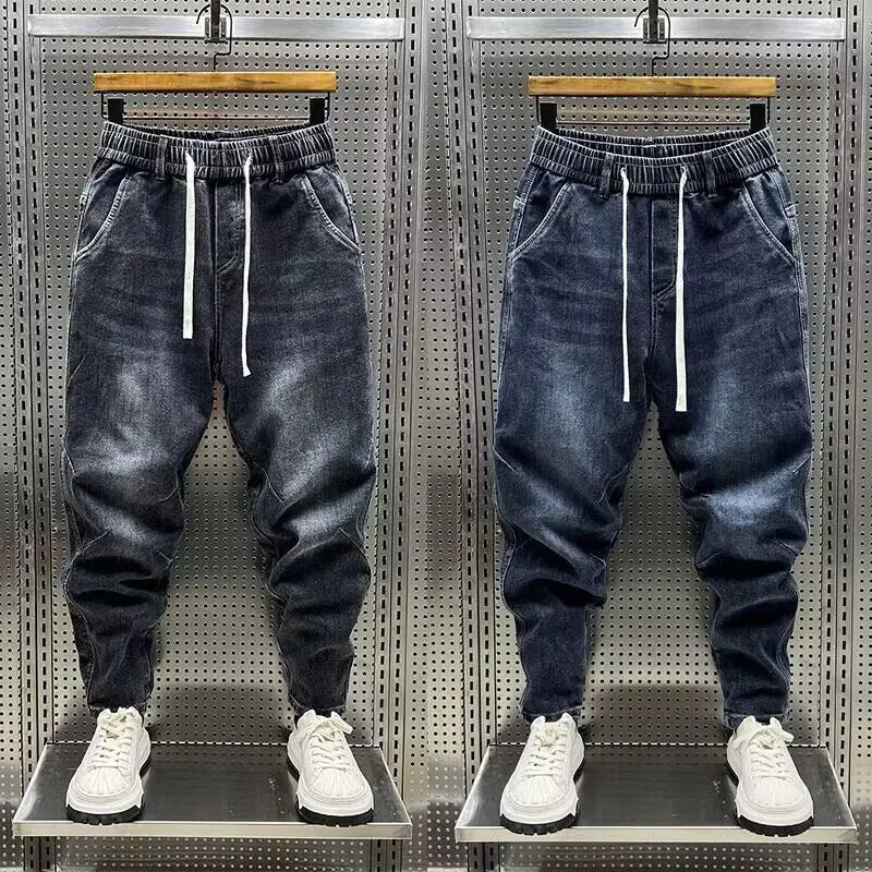 High Quality New 2024 Luxury Designer Casual Loose Drawstring Denim Jeans Men Full Length Wide Leg Streetwear Cowboy Harem Pants
