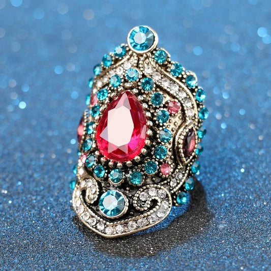 Vintage New Style Inlaid Red and Blue Crystal Rings for Women Unique Court Creative Noble Ring Gold Color Accessories ZHIXUN