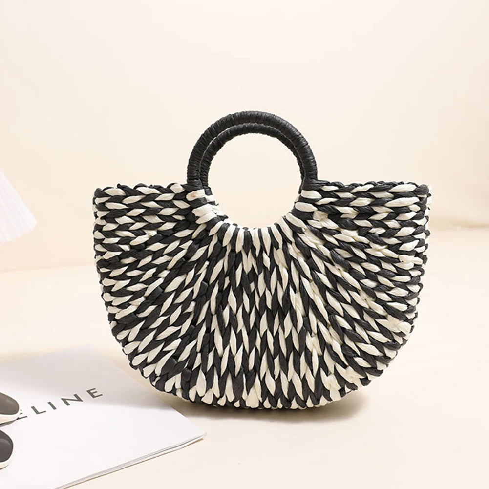 Women Straw Tote Handbag Large Capacity Half-Round Handbag Color Clash Semicircle Weaving Bag Summer Beach Handbag