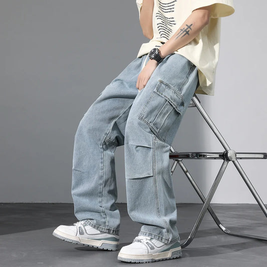 Large Pocket Baggy Jeans Men's 2025 New Spring Classic Straight Denim Trousers Street Y2K Elastic Waist Casual Cargo Pants