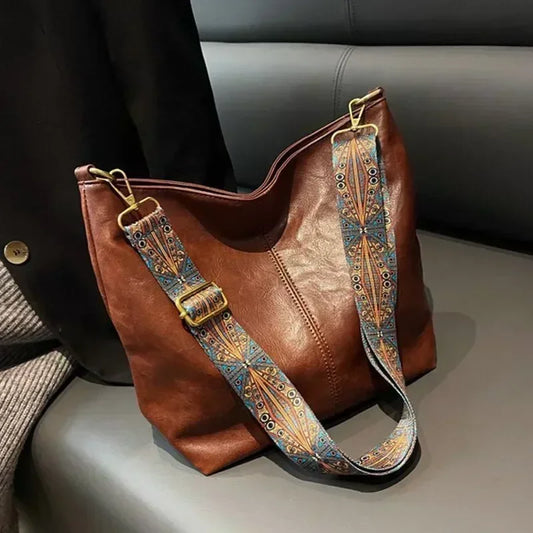 Vintage Solid Color PU Leather Women Fashion Shoulder Sling Bag High-Capacity Simple Wide Strap Bucket Crossbody Bag Commuting