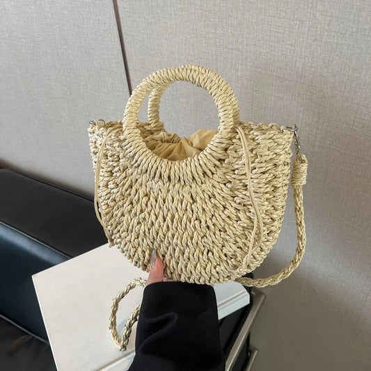 Handwoven Straw Rattan Half-Moon Beach Handbag Large Capacity Women Summer Hollow Out Crossbody Shoulder Bag