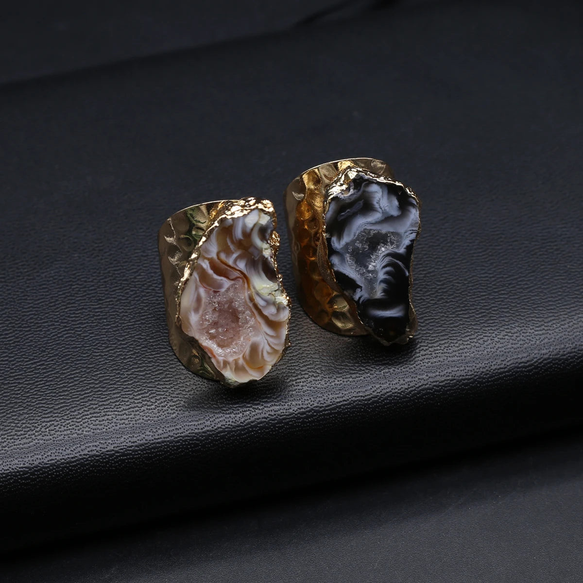 4PCS Wholesale Irregular Raw Embryo Agate Ring Geode Stone Adjustable Gold Plated Open Wide Gemstone Finger Handmade Jewelry
