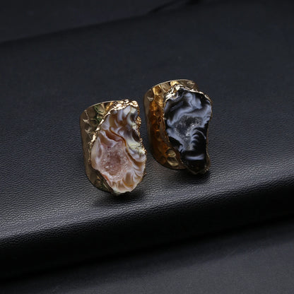 4PCS Wholesale Irregular Raw Embryo Agate Ring Geode Stone Adjustable Gold Plated Open Wide Gemstone Finger Handmade Jewelry