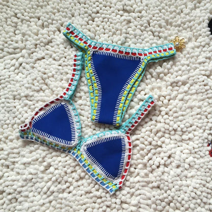 Women Handmade Crochet Knit Swimwear Halter Patchwork Bathing Suit Swimsuit Biquini Thong Bikini traje de bano
