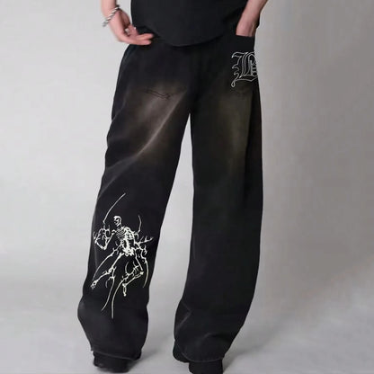 Men's Hip Hop Anime Pattern Black Loose Wide Leg Jeans American Trend Retro Gothic Men Woman Wide-Leg Pants Streetwear