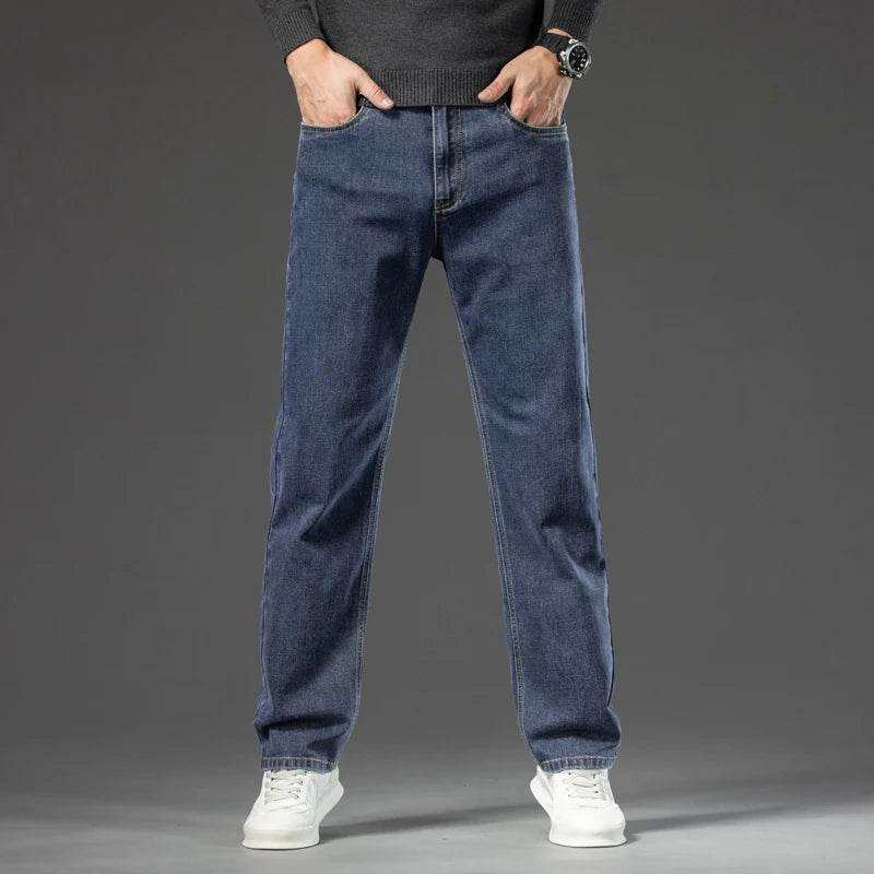 Autumn Men's Dark Blue Straight-leg Brand Jeans Classic Style Business Casual Cotton Stretch Denim Pants Male Plus Size 40 42 44