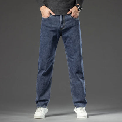 Autumn Men's Dark Blue Straight-leg Brand Jeans Classic Style Business Casual Cotton Stretch Denim Pants Male Plus Size 40 42 44