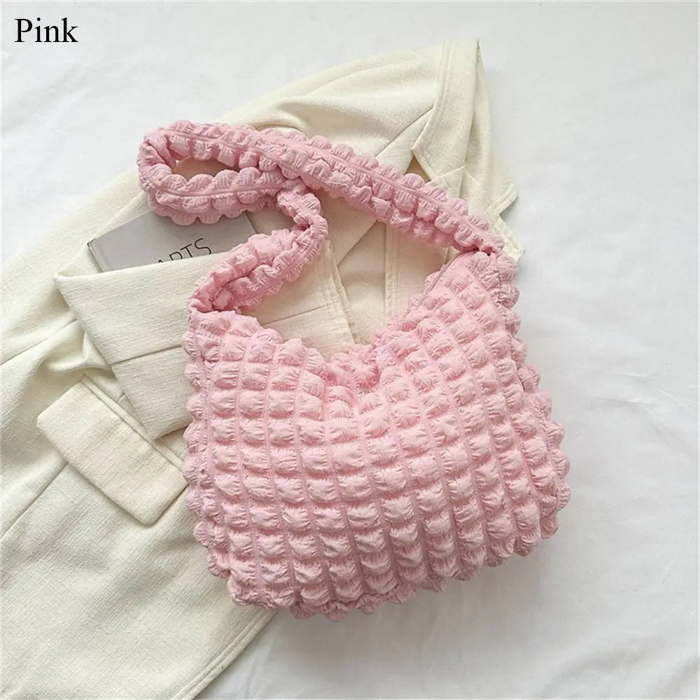 Women Plaid Quilted Large Capacity Tote Bag Crossbody Bag Solid Color Shoulder Bag Cute Pleated Bubbles Embroidered Satchel Bags