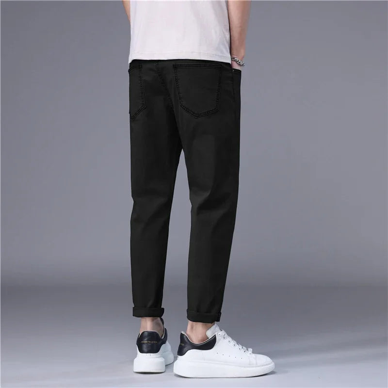 Summer Thin Men's Jeans Korean Style Blue Black Solid Color Stretch Straight Stylish Slim Fit Foot Denim Cropped Pants Male