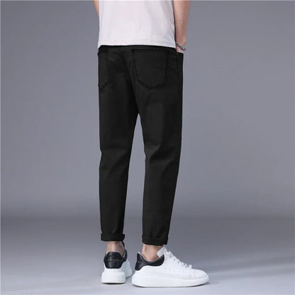 Summer Thin Men's Jeans Korean Style Blue Black Solid Color Stretch Straight Stylish Slim Fit Foot Denim Cropped Pants Male