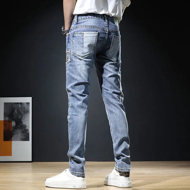 Autumn New Arrival Men's Jeans: Elastic Embroidered Patchwork Hip Hop Denim Pants Korean Style Slim Fit Cotton Trousers for Men