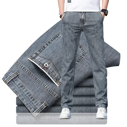 Thin Men's Baggy Soft Casual Jeans Gray Summer Fashion Versatile Comfortable Stretch Straight Casual Jeans Light Blue Male