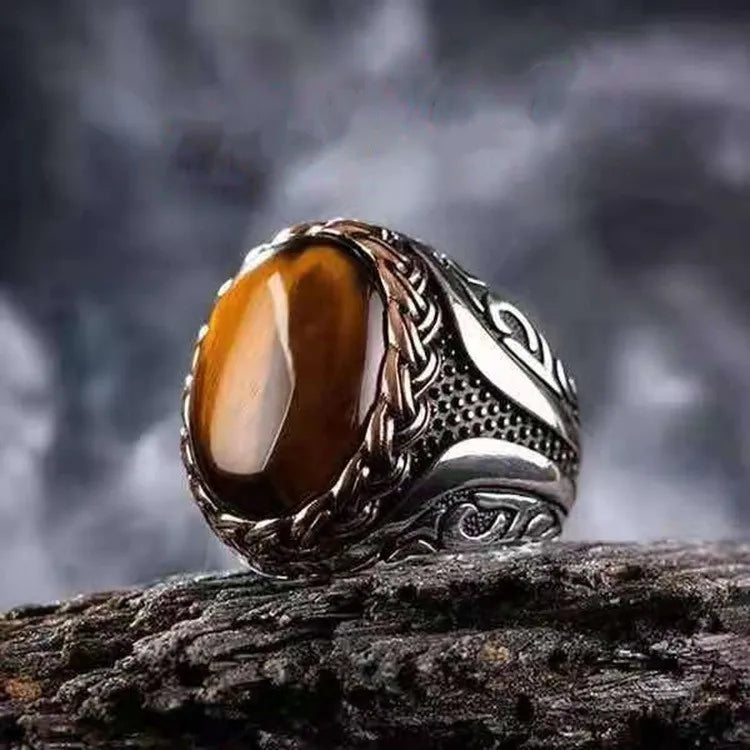 New Brown Retro Tiger Stone Men's Ring Personality Ring Fashion Temperament To Attend The Banquet Luxury High Quality Jewelry