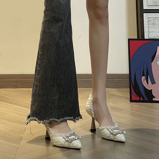 Stiletto Heels 2024 White Wedding Shoes Fashion Pointy Square Button Rhinestone Sandals Temperament Women's Women's Shoes