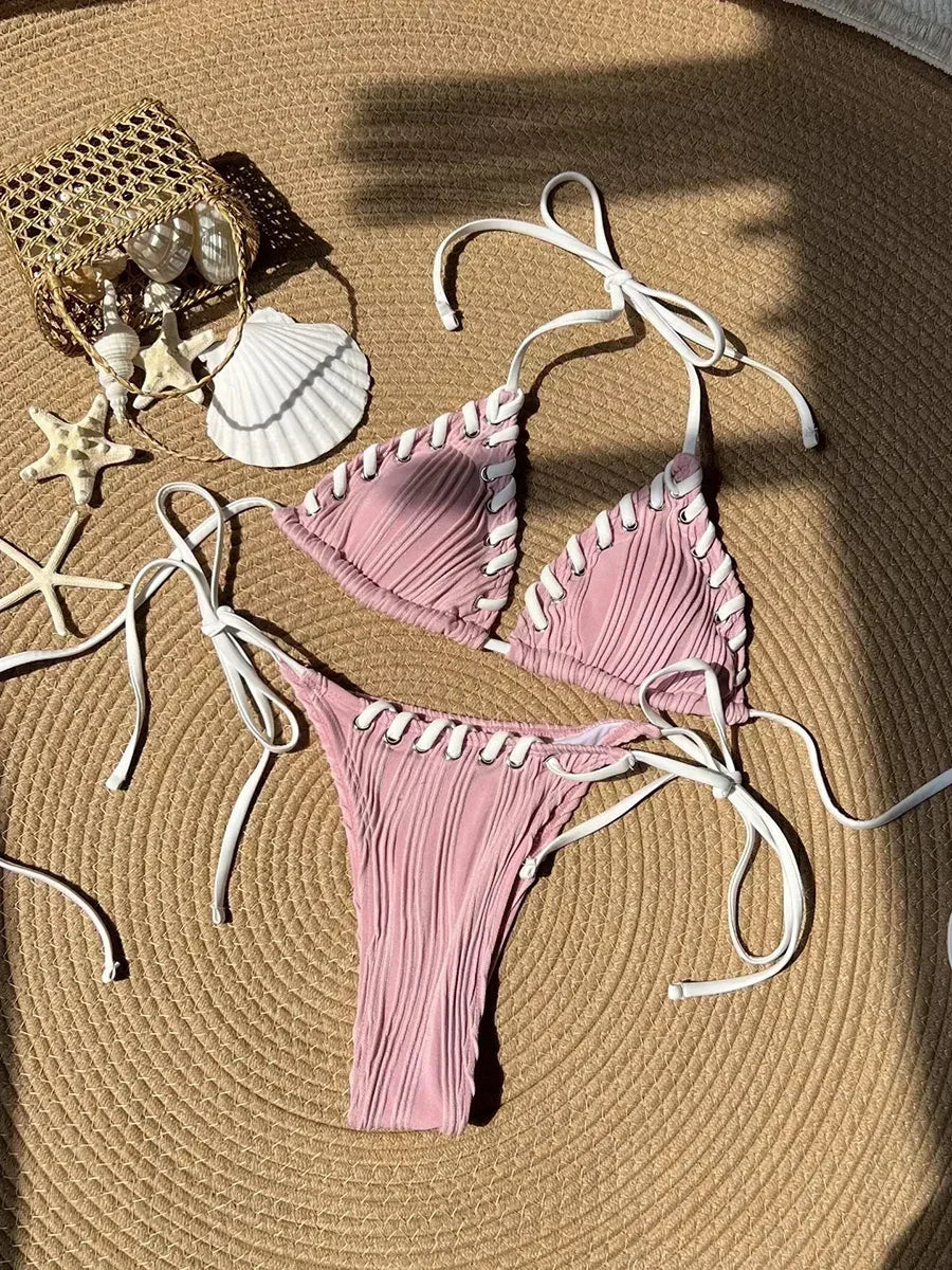 Halter Wrinkled Weave Bikini Women Swimwear Female Swimsuit Two Pieces Bikini Set Brazilian Bathing Suit Swim Beach Wear